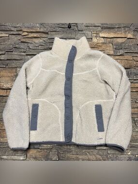 LL Bean Sherpa Fleece Jacket Women's Size XL Soapstone Off White Snap Pockets